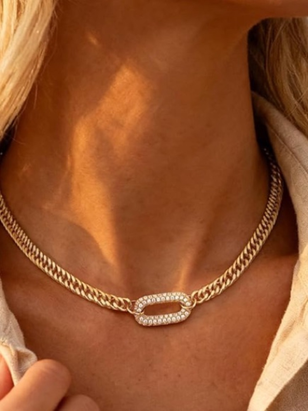 Anthropologie Gold Cubic Link Necklace with Crystal Accent - Picture 4 of 7